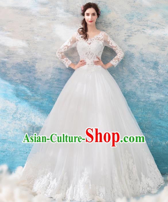 Top Grade Handmade Fancy White Lace Wedding Dress Princess Wedding Gown for Women