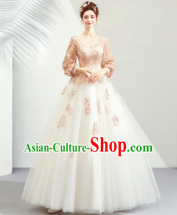 Top Grade Handmade Fancy Golden Lace Wedding Dress Princess Wedding Gown for Women