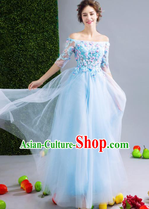 Top Grade Handmade Compere Costume Catwalks Blue Veil Formal Dress for Women