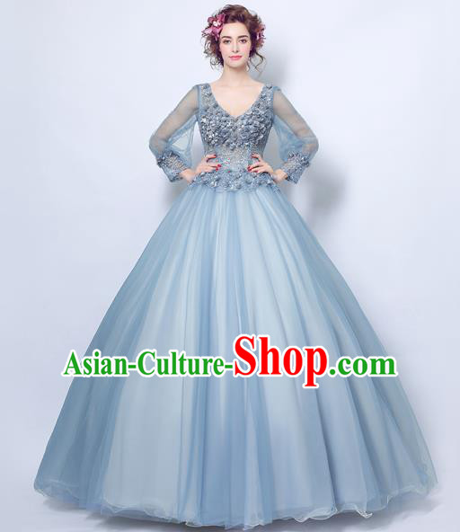 Top Grade Handmade Compere Costume Catwalks Blue Veil Formal Dress for Women