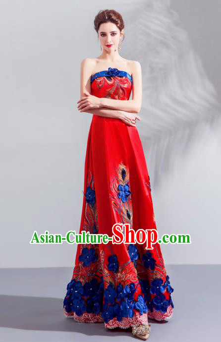Top Grade Compere Embroidered Costume Handmade Catwalks Bride Red Formal Dress for Women