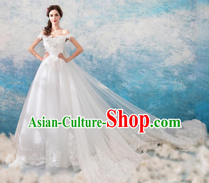 Top Grade Princess Trailing Wedding Dress Handmade Fancy White Wedding Gown for Women