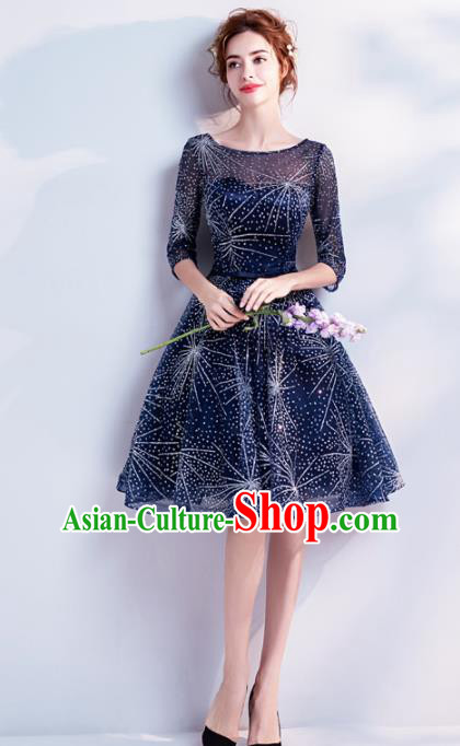 Top Grade Handmade Compere Costume Catwalks Blue Short Formal Dress for Women