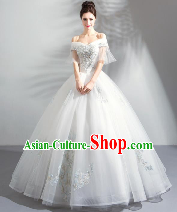 Handmade Top Grade Princess Flat Shouders Wedding Dress Fancy Wedding Gown for Women