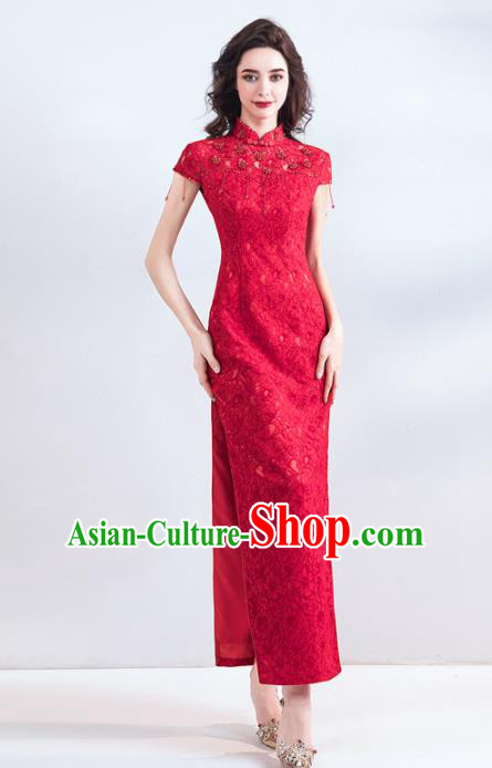 Chinese Traditional Red Cheongsam Wedding Bride Costume Compere Full Dress for Women