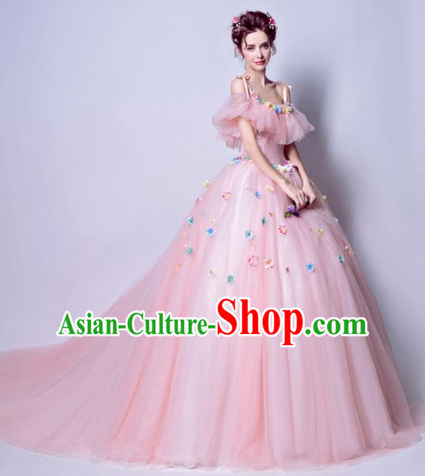 Top Grade Princess Pink Flat Shouders Wedding Dress Handmade Fancy Wedding Gown for Women