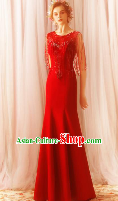 Top Grade Compere Red Tassel Formal Dress Handmade Catwalks Bride Costume for Women