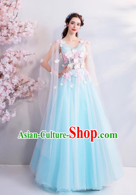 Handmade Top Grade Princess Wedding Dress Fancy Embroidered Blue Veil Wedding Gown for Women