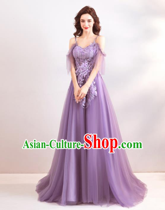 Top Grade Compere Formal Dress Handmade Catwalks Bride Purple Veil Full Dress for Women