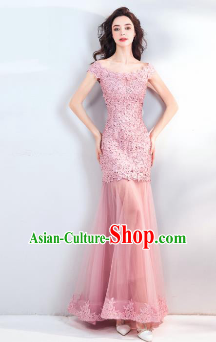 Top Grade Compere Formal Dress Handmade Catwalks Bride Pink Lace Full Dress for Women