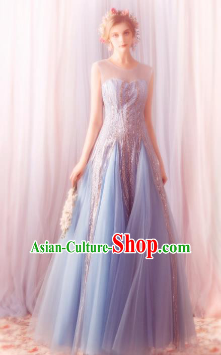 Top Grade Compere Formal Dress Handmade Catwalks Blue Veil Full Dress for Women