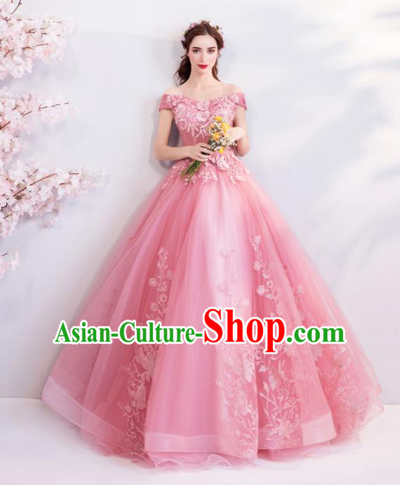 Handmade Top Grade Princess Pink Wedding Dress Fancy Wedding Gown for Women
