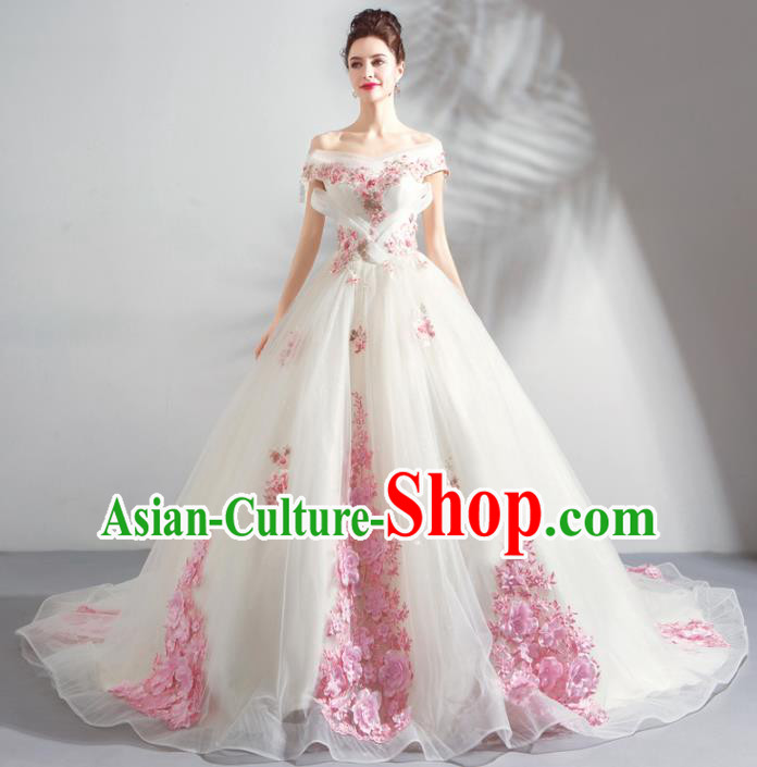 Handmade Top Grade Princess Pink Flowers Wedding Dress Fancy Wedding Gown for Women