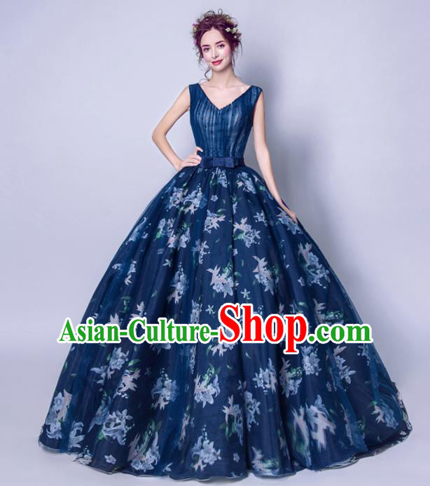 Top Grade Handmade Compere Costume Catwalks Navy Veil Formal Dress for Women