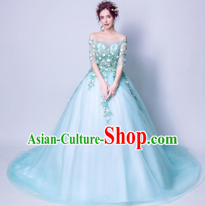 Top Grade Handmade Compere Costume Catwalks Blue Veil Formal Dress for Women