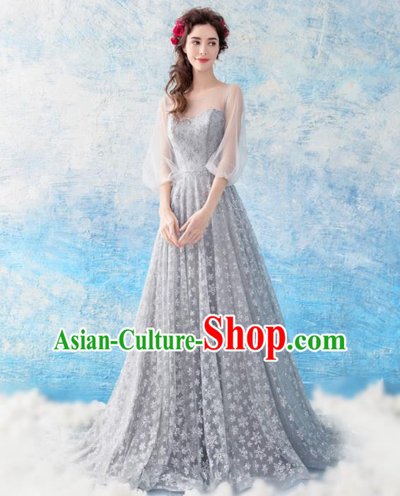 Top Grade Handmade Compere Costume Catwalks Grey Veil Formal Dress for Women