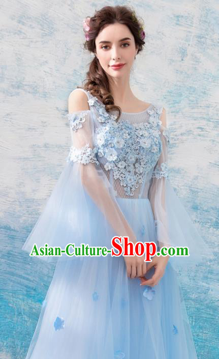 Top Grade Handmade Compere Costume Catwalks Blue Lace Veil Formal Dress for Women