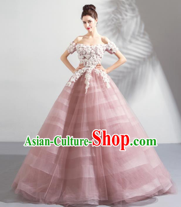Handmade Princess Pink Wedding Dress Fancy Embroidered Wedding Gown for Women