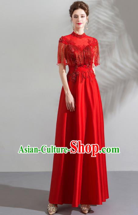 Chinese Traditional Red Cheongsam Costume Bride Compere Full Dress for Women