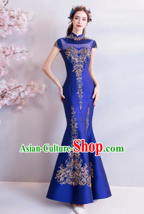 Chinese Traditional Royalblue Silk Cheongsam Wedding Bride Costume Compere Full Dress for Women