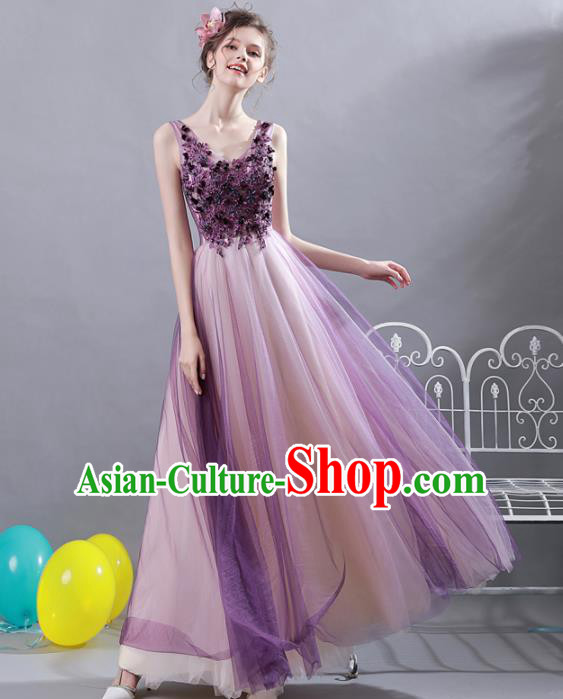 Top Grade Compere Purple Veil Formal Dress Handmade Catwalks Angel Full Dress for Women