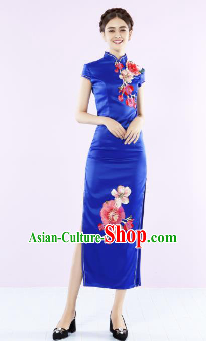 Chinese Traditional Chorus Royalblue Cheongsam Wedding Bride Costume Compere Full Dress for Women