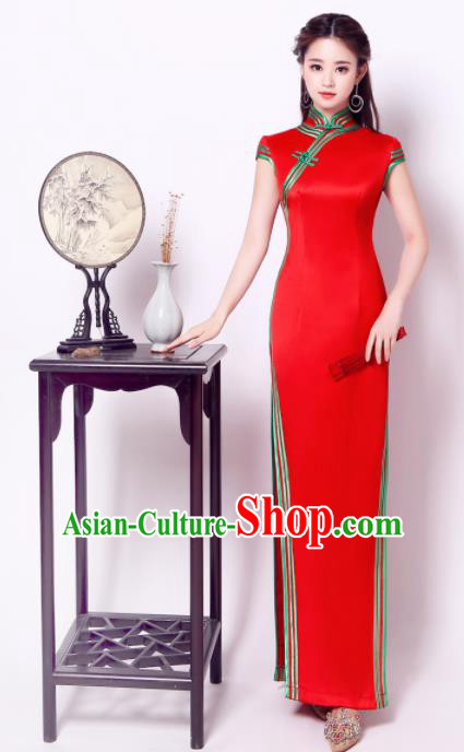 Chinese Traditional Chorus Red Cheongsam Wedding Bride Costume Compere Full Dress for Women