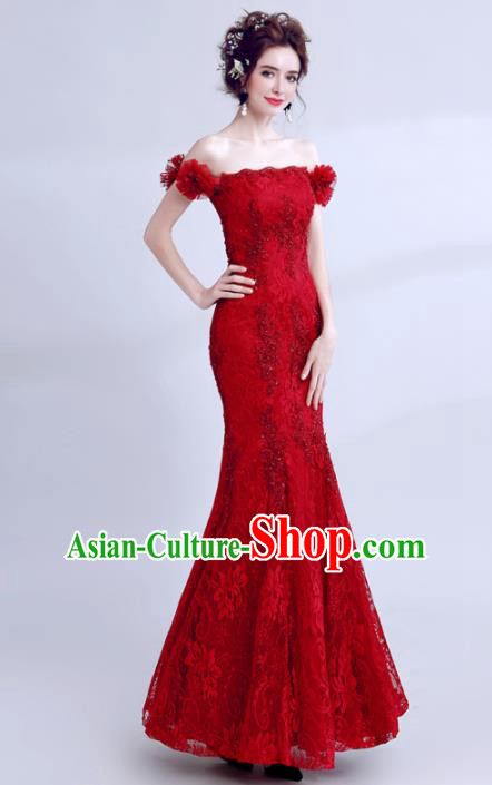 Top Grade Compere Red Lace Formal Dress Handmade Catwalks Angel Full Dress for Women