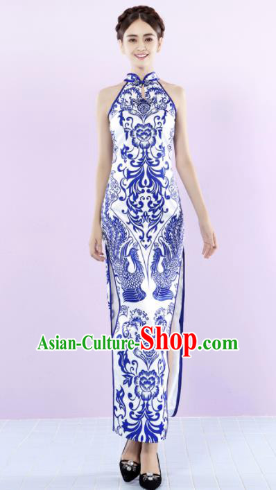 Chinese Traditional Chorus Printing Phoenix Cheongsam Wedding Bride Costume Compere Full Dress for Women