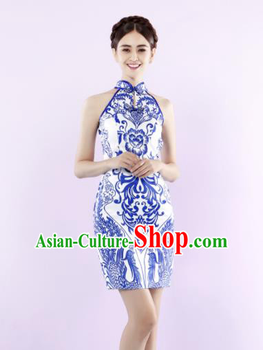 Chinese Traditional Chorus Printing Peony Short Cheongsam Wedding Bride Costume Compere Full Dress for Women