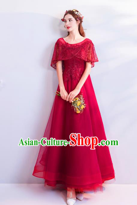 Top Grade Compere Wine Red Formal Dress Handmade Catwalks Angel Full Dress for Women