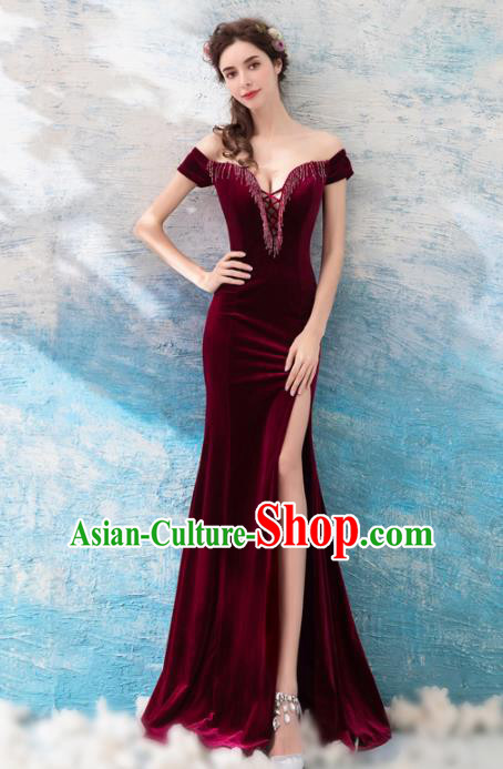 Top Grade Compere Wine Red Velvet Formal Dress Handmade Catwalks Angel Full Dress for Women