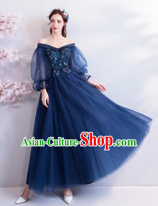 Top Grade Compere Formal Dress Handmade Catwalks Angel Blue Veil Full Dress for Women