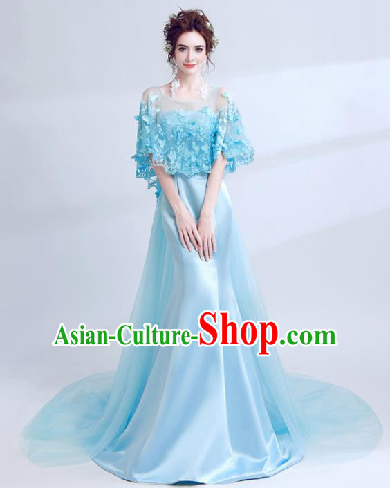 Top Grade Blue Evening Dress Compere Costume Handmade Catwalks Angel Full Dress for Women