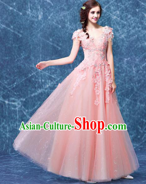 Top Grade Pink Veil Evening Dress Compere Costume Handmade Catwalks Angel Full Dress for Women