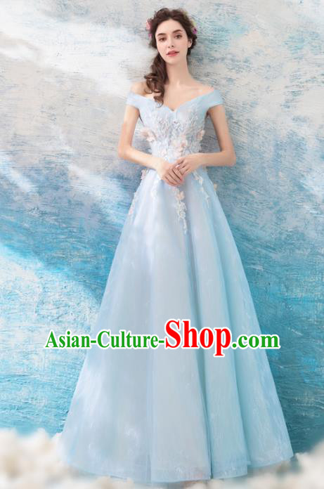 Top Grade Blue Evening Dress Compere Costume Handmade Catwalks Angel Full Dress for Women