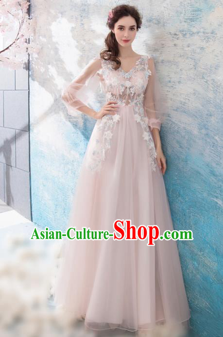 Top Grade Pink Evening Dress Compere Costume Handmade Catwalks Angel Full Dress for Women