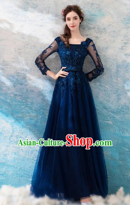 Top Grade Navy Evening Dress Compere Costume Handmade Catwalks Angel Full Dress for Women