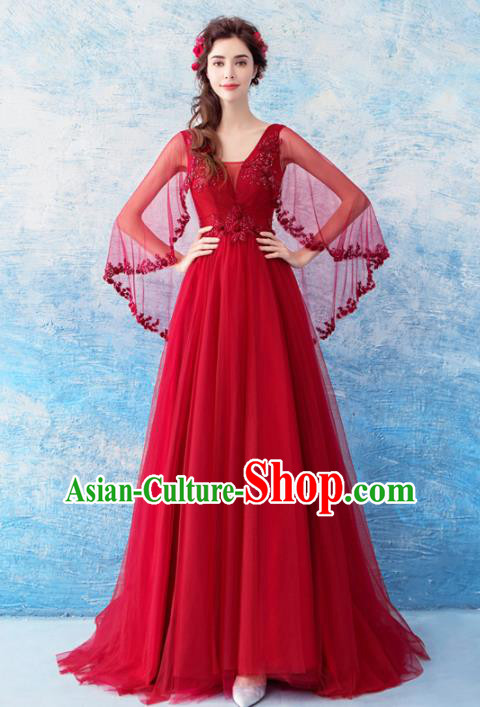 Top Grade Red Veil Evening Dress Compere Costume Handmade Catwalks Angel Full Dress for Women