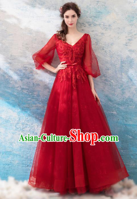 Top Grade Embroidered Red Veil Evening Dress Compere Costume Handmade Catwalks Angel Full Dress for Women