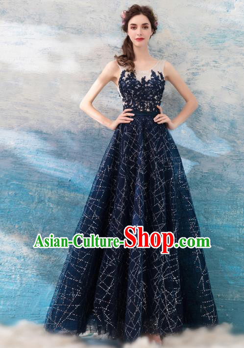 Top Grade Embroidered Navy Evening Dress Compere Costume Handmade Catwalks Angel Full Dress for Women