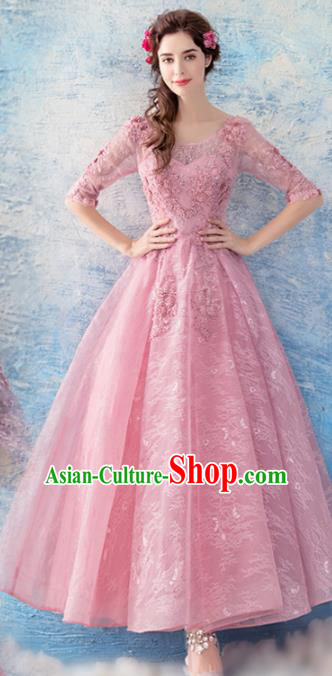 Top Grade Evening Dress Compere Costume Handmade Catwalks Angel Pink Full Dress for Women