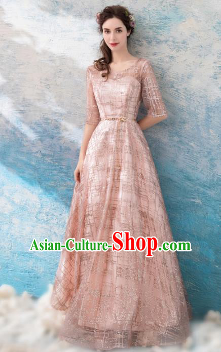 Top Grade Pink Evening Dress Compere Costume Handmade Catwalks Angel Full Dress for Women