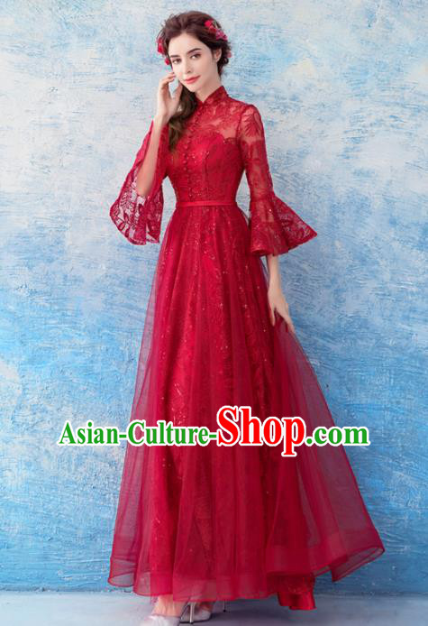 Top Grade Red Lace Evening Dress Compere Costume Handmade Catwalks Angel Full Dress for Women