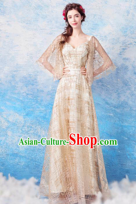 Top Grade Golden Evening Dress Compere Costume Handmade Catwalks Angel Full Dress for Women