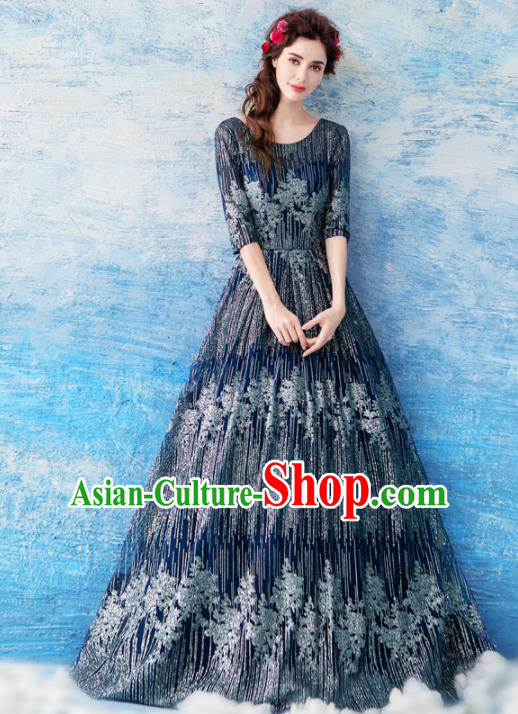 Top Grade Navy Diamante Evening Dress Compere Costume Handmade Catwalks Angel Full Dress for Women