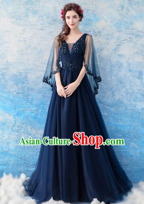 Top Grade Compere Navy Veil Formal Dress Handmade Catwalks Angel Full Dress for Women