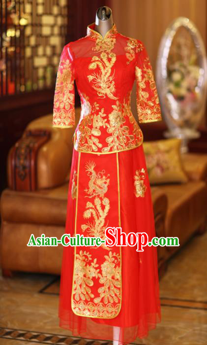 Ancient Chinese Wedding Costumes Embroidered Red Dress Xiuhe Suits for Women