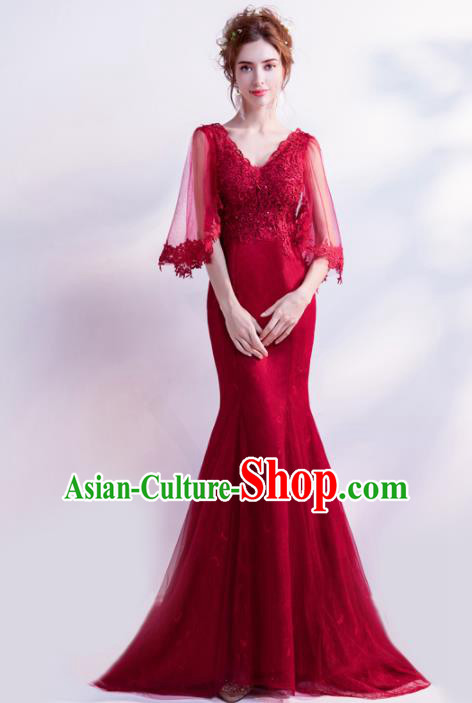 Handmade Wine Red Evening Dress Compere Costume Catwalks Angel Full Dress for Women