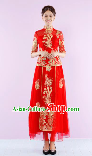 Ancient Chinese Traditional Wedding Costumes Bride Embroidered Red Dress Xiuhe Suits for Women